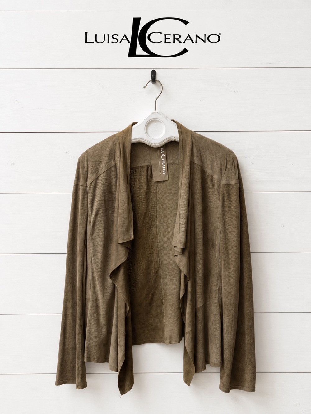 LUISA CERANO Taupe Lamb Velour Open Front Jacket Size 48 / US 16